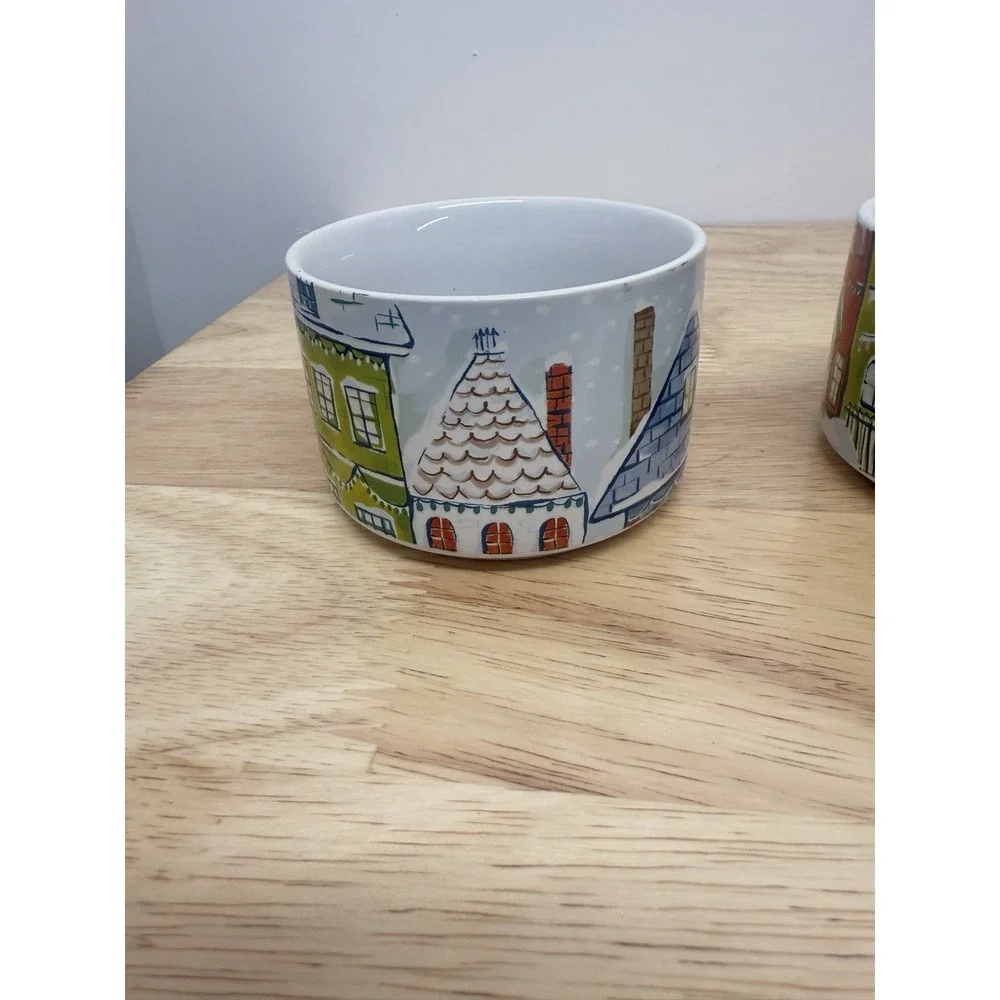 Set of‎ 4 PIER 1 Christmas Stackable Stoneware Mugs Village scene Vintage #25